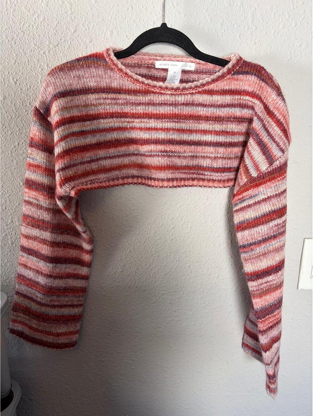 Altar'd State pink striped ultra cropped sweater size S. Bell Sleeves